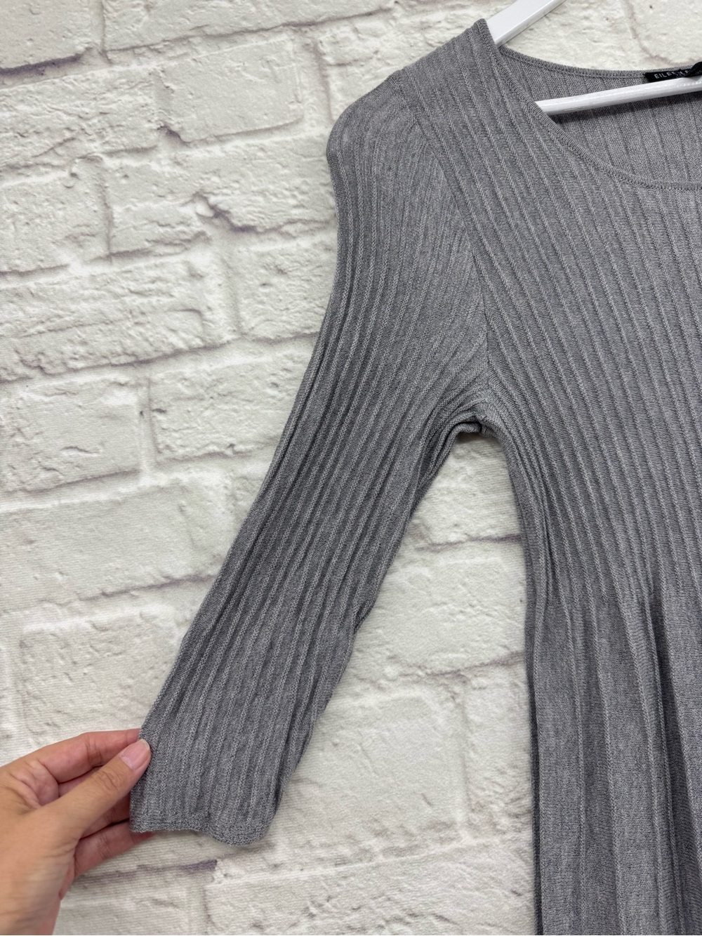 Eileen Fisher Petite M 100% Wool Ribbed Pleated A-Line Dress Gray - Picture 3 of 11